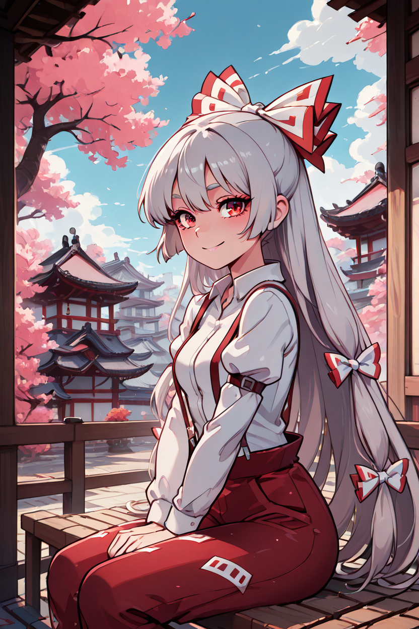 masterpiece, best quality, 1girl, solo, 21 year old model, eyelashes, (beautiful eyes),     ,,, <lora:FujiwaraNoMokouTouhouIXL:1.0>, zzMokou, red eyes, hair between eyes, grey hair, hair bow, hair ribbon, long hair, very long hair, white hair bow, suspenders, white shirt, shirt, long sleeves, pants, white bow, red pants, collared shirt,,,,sitting on bench, side view, looking at viewer solo, smile, pnkBldng, sky, day, cloud, tree, blue sky, building, architecture, east asian architecture,  <lora:PinkBuildingIXL_v2:1.0>, <lora:GoldenCATLoraIXL:0.6>,