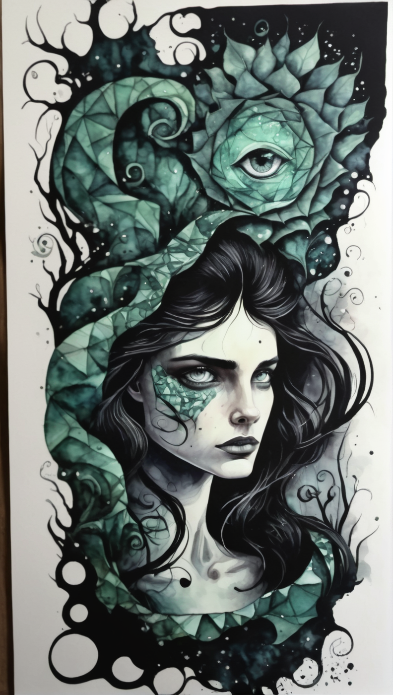 illusionix, watercolor and black ink<lora:illusionix:1>