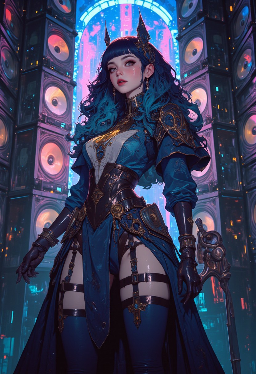 A hyper-detailed **anime-style digital illustration** of a **stunning woman with long, flowing deep violet hair and sharp bangs**, her **golden eyes shimmering** with a captivating presence. She wears an **elegant, form-fitting navy and silver outfit adorned with intricate bronze accents**, the luxurious fabric draping gracefully, highlighting her **poised and commanding aura**. Her ensemble features **delicate bronze filigree patterns**, flowing seamlessly into her **dark indigo gloves and midnight blue thigh-high boots**, enhancing her regal and sophisticated appearance. She stands with a **confident, enigmatic stance**, exuding strength and mystique. The background is an immersive **wall of dozens of large, stacked BOX speakers**, arranged symmetrically, their surfaces gleaming under vibrant neon lighting. The setting pulsates with an unseen energy, as if resonating with a silent yet powerful force. The **high-contrast lighting** casts dynamic highlights and deep shadows, emphasizing the **intricate textures** of her outfit and the **reflective surfaces of the speakers**. Her expression is both **serene and resolute**, drawing the viewer into her presence. The fusion of **fantasy and modern elements** creates a unique, striking composition. **8K, HD, HIGH RESOLUTION, MASTERPIECE, AWARD WINNING.**