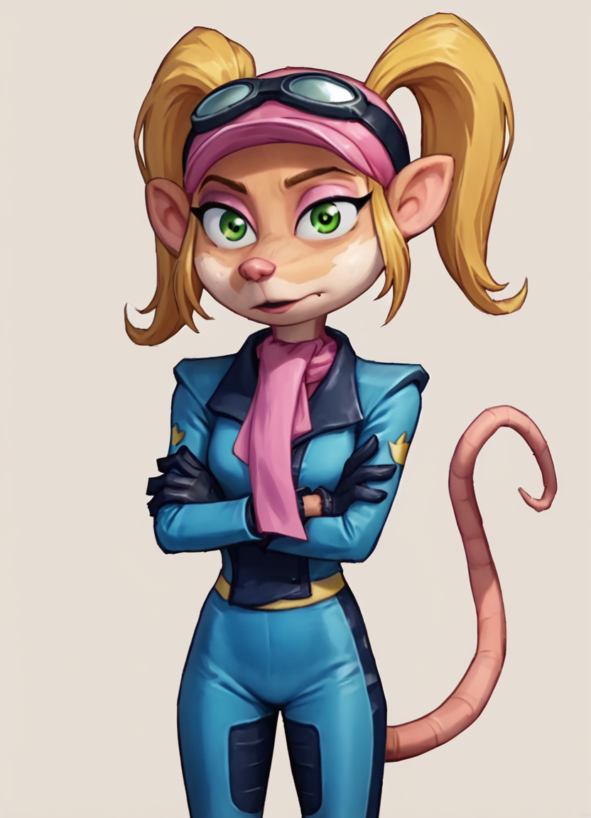 <lora:PasadenaPony1.0:1> pasadena o'possum, 1girl, twintails, racing suit, pink headwear, pink scarf, goggles on headwear, solo,boots,  blonde hair, animal ears, gloves, standing, green eyes, furry female, tail, score_9, score_8_up, score_7_up, score_6_up, score_5_up, score_4_up, looking at viewer, cowboy shot,simple background, crossed arms,