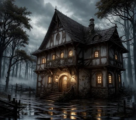 RAW photo, (masterpiece:1.3), subsurface scattering, heavy shadow, (high quality:1.4), (intricate, high detail:1.2), professional color photography, HDR, High Dynamic Range, realistic, ultra realistic, photorealistic, high resolution, film photography, ambient lighting, atmospheric effects, <lora:detail_slider_v4:2>, OverallDetail, <lora:storybook_last:1.2>, <lora:CrossroadsInn:1>, arch, architecture, bare tree, bird, brick, building, chimney, cloudy sky, cow, crossinn, door, fantasy, fence, fog, forest, gate, grass, house, lamppost, lantern, long sleeves, motor vehicle, night sky, no humans, puddle, realistic, reflection, rural, scenery, sky, stairs, stone stairs, stone wall, tower, treasure chest, tree, village, window