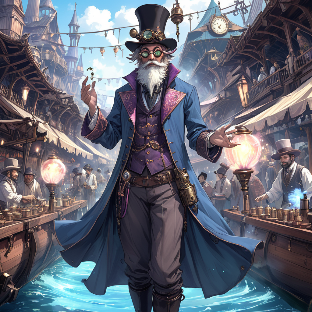 <lora:ArsMJStyle_-_AnimeA:1> ArsMJStyle, AnimeA,  "Steampunk wizard casting spells in a floating market, blend of Victorian and Japanese elements. Character: bearded mage in top hat, brass goggles, clockwork staff. Market: airborne wooden platforms, canvas awnings, floating lanterns. Spell effects: swirling fractals of copper and azure energy. Technique: intricate mechanical details, soft watercolor backgrounds, strong contrast. Crowds of diverse fantasy races bustling about."
