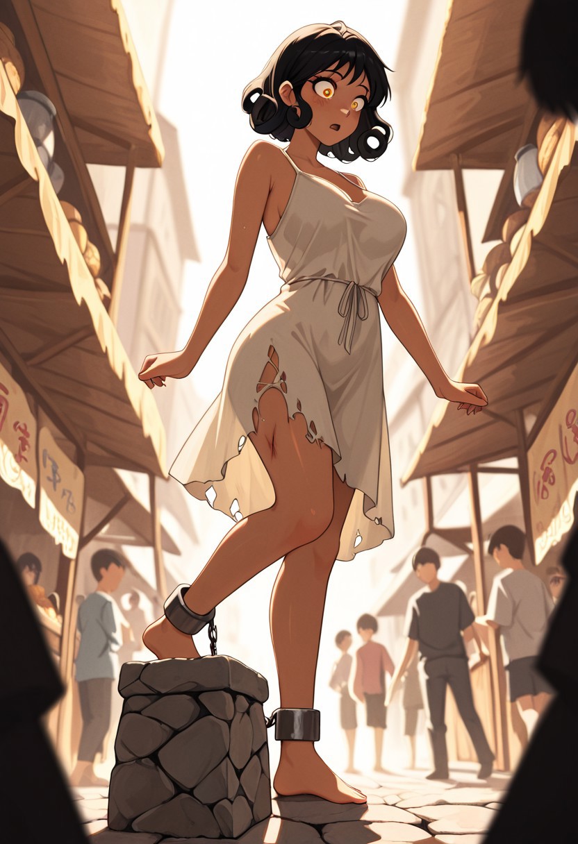 masterpiece, best quality, good quality, very aesthetic, absurdres, newest, 8K, depth of field,  in the style of cknc, artist:moriimee, in the style of cksc, 
1girl, short curly black hair, tangled, amber eyes, dark skin, large breasts, bouncy, ragged linen dress, torn, ankle shackles, bruised thighs, standing on block, hips slumped, shocked expression, looking side, from below
BREAK
bustling market, stone platform, crowd jeers
BREAK
warm light, earthy tones, high contrast, depth of field, soft shadows, rich details, tense gloom