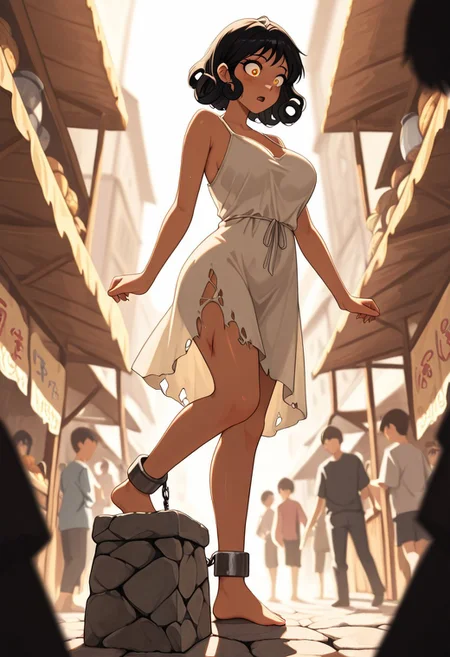 masterpiece, best quality, good quality, very aesthetic, absurdres, newest, 8K, depth of field, in the style of cknc, artist:moriimee, in the style of cksc,
1girl, short curly black hair, tangled, amber eyes, dark skin, large breasts, bouncy, ragged linen dress, torn, ankle shackles, bruised thighs, standing on block, hips slumped, shocked expression, looking side, from below
BREAK
bustling market, stone platform, crowd jeers
BREAK
warm light, earthy tones, high contrast, depth of field, soft shadows, rich details, tense gloom