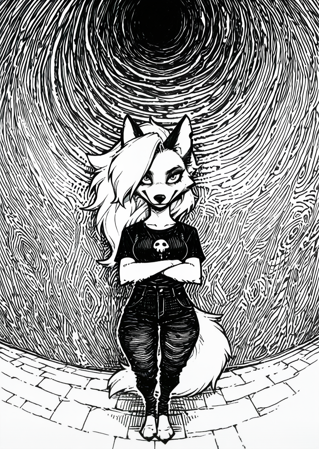 (hatching:1.4), gradient hatching background, surreal, masterpiece, best quality, very aesthetic, hi res, 1girl, loona_\(helluva_boss\), wolf, furry_female, limited colors, , wide shot,Fisheye Perspective,Disney land,laughing,Crossing arms, sketch, solo, (dynamic comparison:1.3), looking_at_viewer, breasts, outline, , wide shot,Fisheye Perspective,Disney land,laughing,Crossing arms