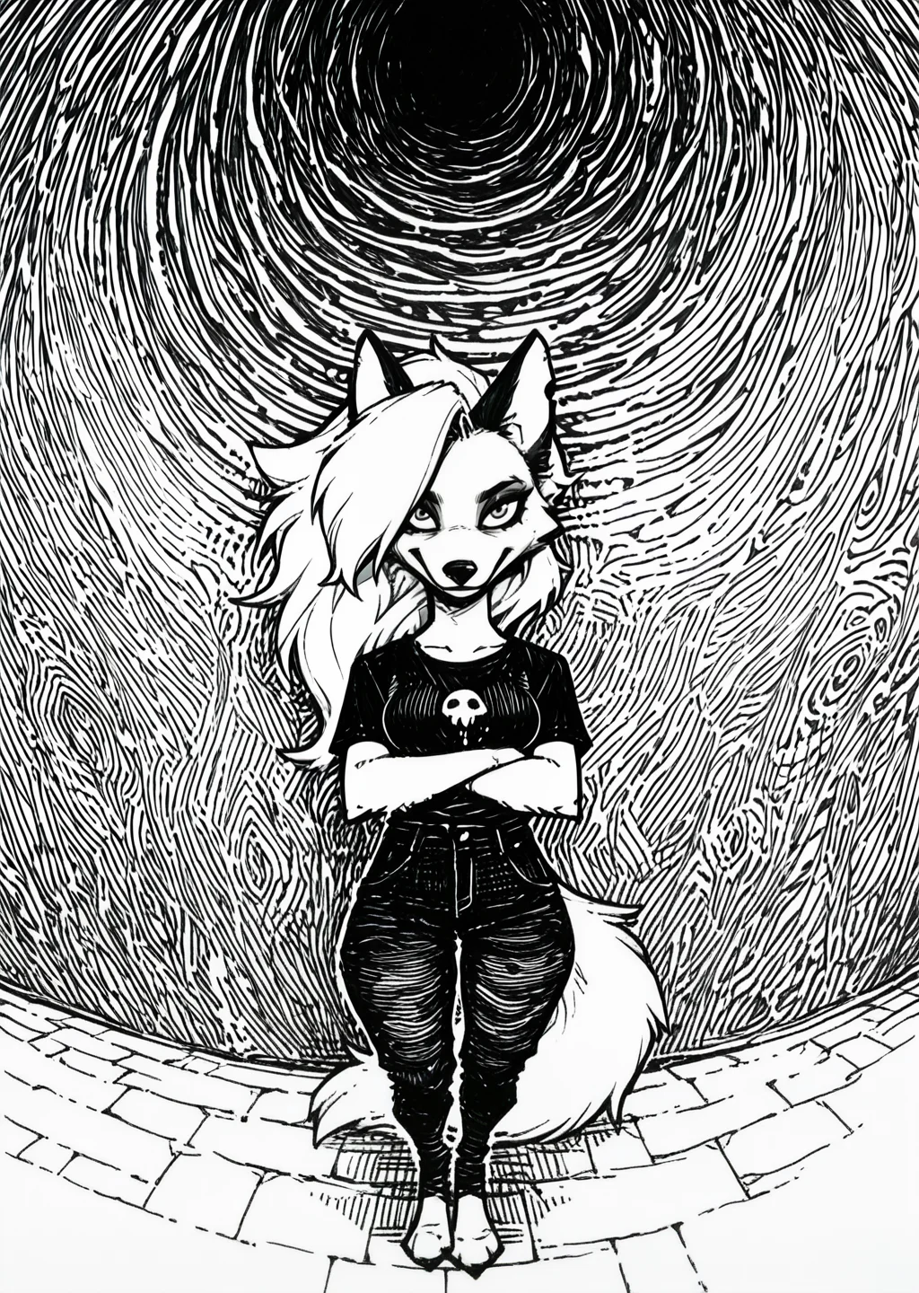 (hatching:1.4), gradient hatching background, surreal, masterpiece, best quality, very aesthetic, hi res, 1girl, loona_\(helluva_boss\), wolf, furry_female, limited colors, , wide shot,Fisheye Perspective,Disney land,laughing,Crossing arms, sketch, solo, (dynamic comparison:1.3), looking_at_viewer, breasts, outline, , wide shot,Fisheye Perspective,Disney land,laughing,Crossing arms