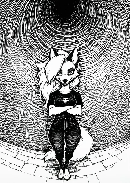 (hatching:1.4), gradient hatching background, surreal, masterpiece, best quality, very aesthetic, hi res, 1girl, loona_\(helluva_boss\), wolf, furry_female, limited colors, , wide shot,Fisheye Perspective,Disney land,laughing,Crossing arms, sketch, solo, (dynamic comparison:1.3), looking_at_viewer, breasts, outline, , wide shot,Fisheye Perspective,Disney land,laughing,Crossing arms