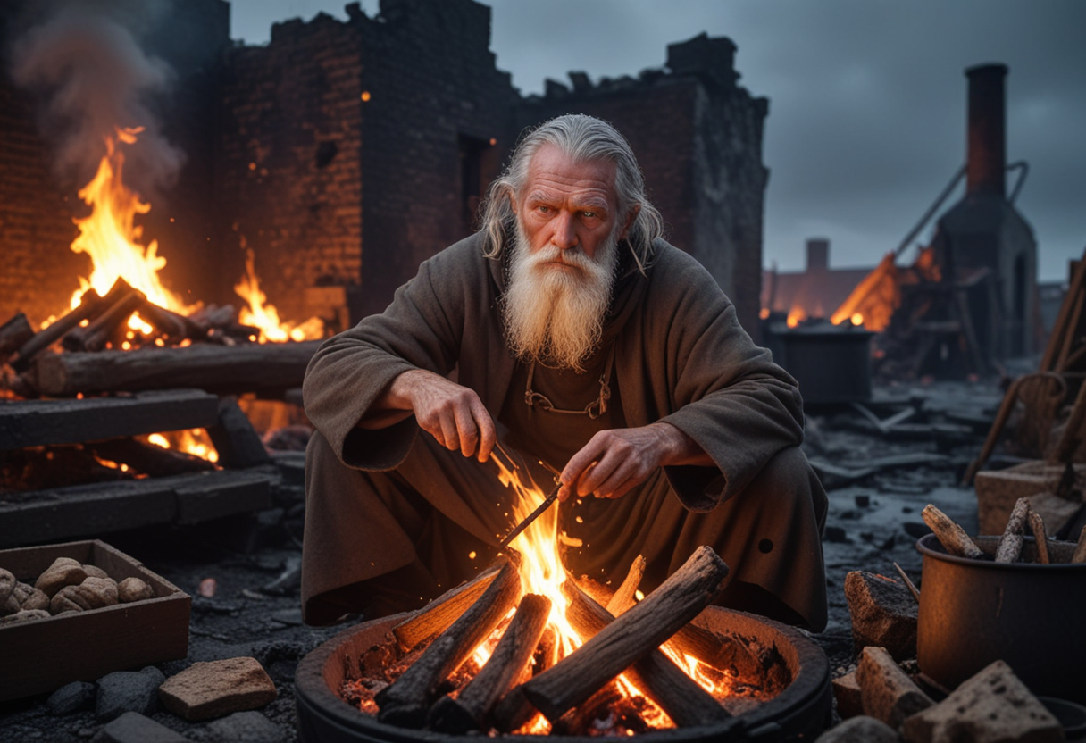 (medium full shot) of (medium shot , dutch angle) of hermit cooking over a fire, detailed face, located in a ruined world at a destroyed dockyard during twilight with stormy weather, illuminated by glowing embers, creating a foreboding atmosphere, Masterpiece,best quality, photo, realistic, very aesthetic,