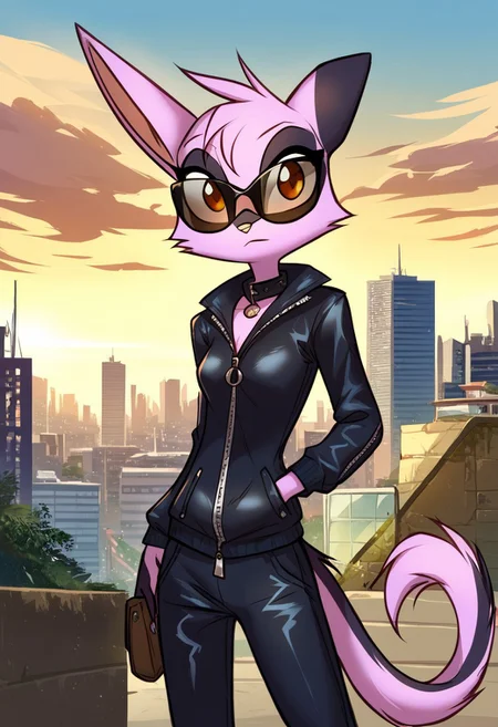 score_9, score_8_up, score_7_up, Dreamkeepers,Viriathus_Vayu,1girl,solo,short hair,animal ears,tail,brown eyes,purple hair,body fur,animal nose,<lora:dreamkeepers_multipleCharacters:0.8>,
looking_at_viewer, long dirty hair, long_sleeves, closed_mouth, standing, jacket,  outdoors, sky, pants, day, open_jacket, black_jacket, collar, blue_sky, black_pants, animal, black sunglasses, building,, zipper, dog, city, zipper_pull_tab, leather, leather_jacket, aviator_sunglasses