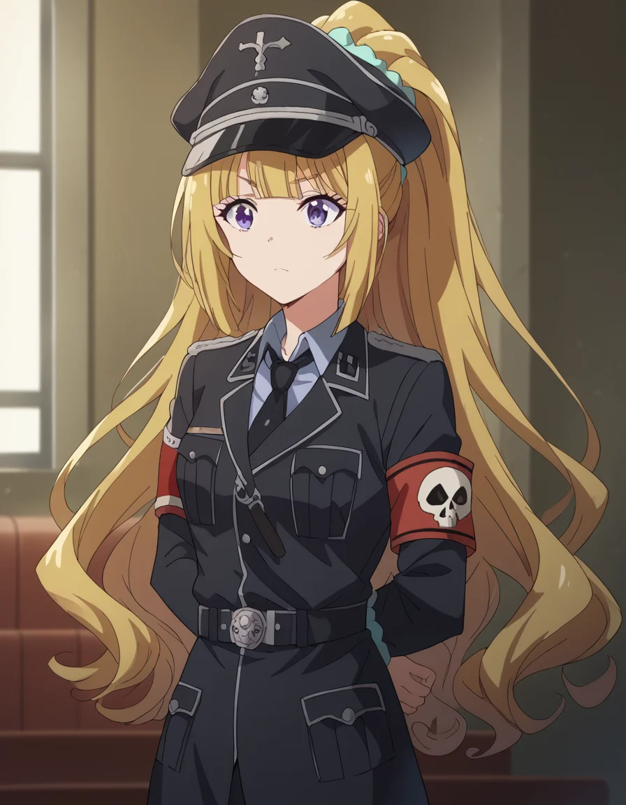 score_9, score_8_up, score_7_up, source_anime, keikaruizawa, <lora:kei-karuizawa-anime-s2-ponyxl-lora-nochekaiser:1>, kei karuizawa, long hair, bangs, blunt bangs, purple eyes, blonde hair, hair ornament, ponytail, scrunchie, blue scrunchie,, <lora:warden-ponyxl-lora-nochekaiser_r1:1>, skull hat ornament, uniform, military uniform, black uniform, hat, cap, black cap, armband, collared shirt, black necktie,, indoors, hands behind back,, cowboy shot,