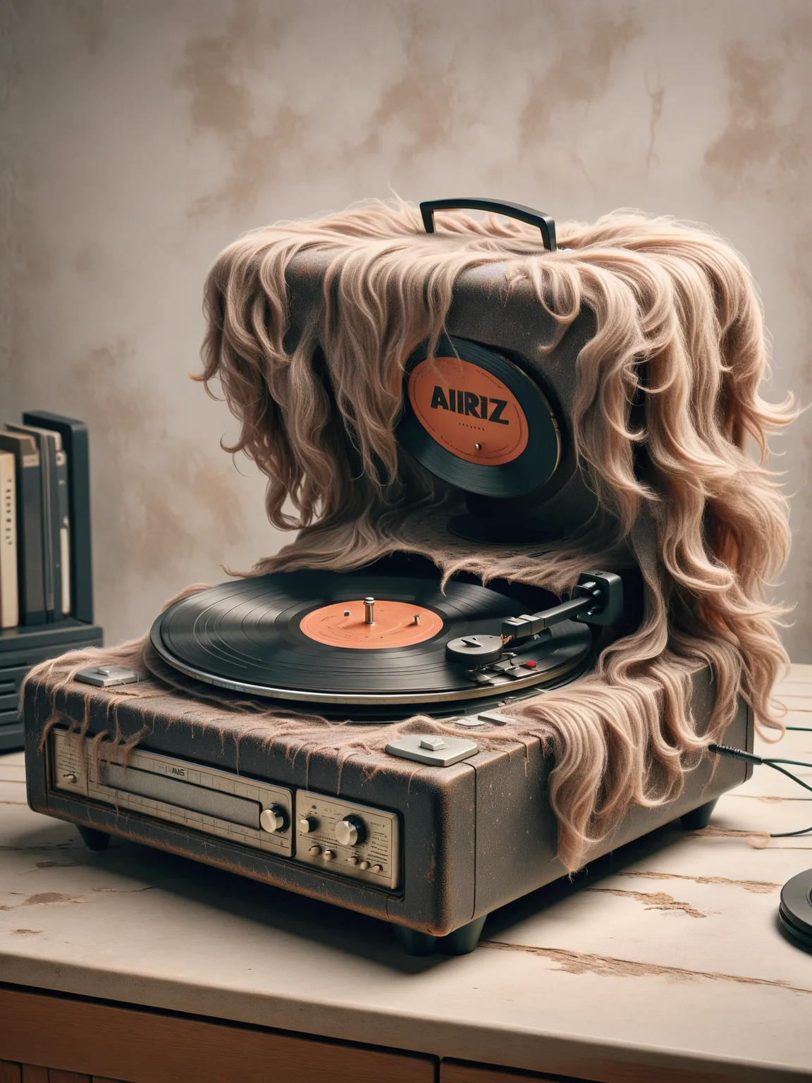 An old vinyl record player with a dusty, crackled ais-hairz cover, bringing classic tunes to life <lora:Hairy_Style_SDXL:1>