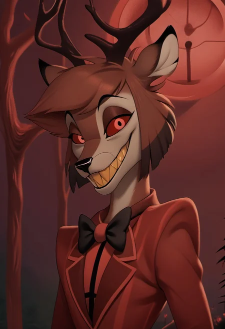 score_9, score_8_up, score_7_up, score_6_up, masterpiece, solo, ((detailed eyes, detailed face, detailed fur,
BREAK
Great Prince of the Forest, GPotF, deer, buck, disney, antlers, brown fur, tan Markings, beige markings, brown eyes, brown eyelids, brown eyeshadow, eyeliner, black eyebrows, anthropomorphic deer, furry, anthro deer, animal focus, alastor_hh, alastor \(hazbin hotel\), solo, red theme, 1boy, red eyes, bow, smile, looking at viewer, evil smile, grin, short hair, bowtie, horror, (theme), teeth,
<lora:add-detail-xl:1.0>