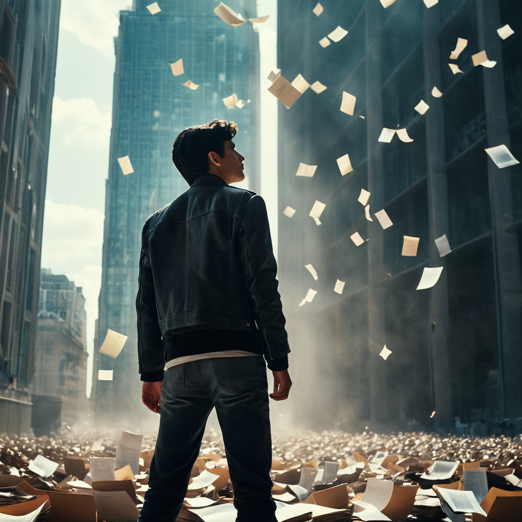 cinematic film still of  <lora:add-detail-xl:1>
 <lora:detailed:0.3>
<lora:perfection style:0.3>
 <lora:xl_more_art-full_v1:0.3>
 <lora:kafkaesque style:1>
In a surrealistic world a man standing in front of a tall building looking up with many papers flying form above in a dystopian world,solo,black hair,1boy,jacket,male focus,pants,from behind,book,window,building,scenery , kafkaesque style, shallow depth of field, vignette, highly detailed, high budget, bokeh, cinemascope, moody, epic, gorgeous, film grain, grainy