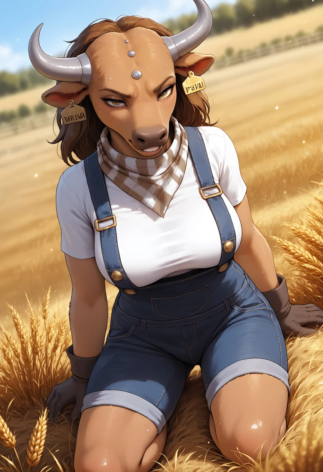 score_9, score_8_up, score_7_up, score_6_up, source_anime, source_furry, outdoors, field, wheat, godrays, ((particles)), blurry, dutch angle,
BREAK
(1girl), mature female, tauros, anthro, (brown mane), 3tails, cow ears, ear tag, tired, annoyed, (sweat, shiny skin), looking at viewer, teeth, farmer, shorts overalls, suspenders, bandana scarf, work gloves, on one knee, (curvy, large breasts),
<lora:5b7dead8-0d27-4213-a698-0348d326732e:5.0> , <lora:ad1e7ca7-3790-4f45-b086-70569f128d45:1.0>, <lora:0822f1bc-be9c-42f2-a563-5e7c17e10639:0.6>, <lora:4b571537-d57c-4d84-9d24-d39fcf54c682:0.5>