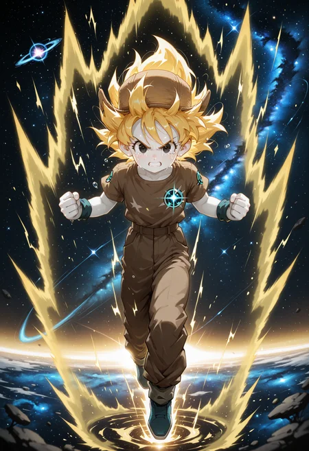 <lora:myOC_Illustrious_Mlaofmd-10:1.0>, <lora:superSayianAura_NoobAIEps_Mlaofmd-10:1.0> masterpiece, best quality, high quality, [:realistic:0.3], detailed background, depth of field, ambient silhouette, backlighting, 1boy, male, solo, mlao, brown hat, yellow hair, white skin, black eyes, brown shirt, brown pants, blue shoes, supersaiyanaura, power, aura, sharp aura, yellow aura, dynamic pose, floating, looking at viewer, serious face, clenched teeth, crying, tears, space, starry, galaxy, dutch angle