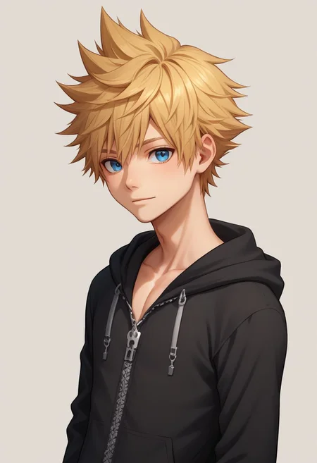 score_9, score_8_up, source_anime, highly detailed, 1boy, solo, male_focus slender, skinny, cute,
roxas, 1boy, male focus, solo, blue eyes, blonde hair, spiked hair, hood, upper body, hood down, zipper, black hoodie, looking at viewer,