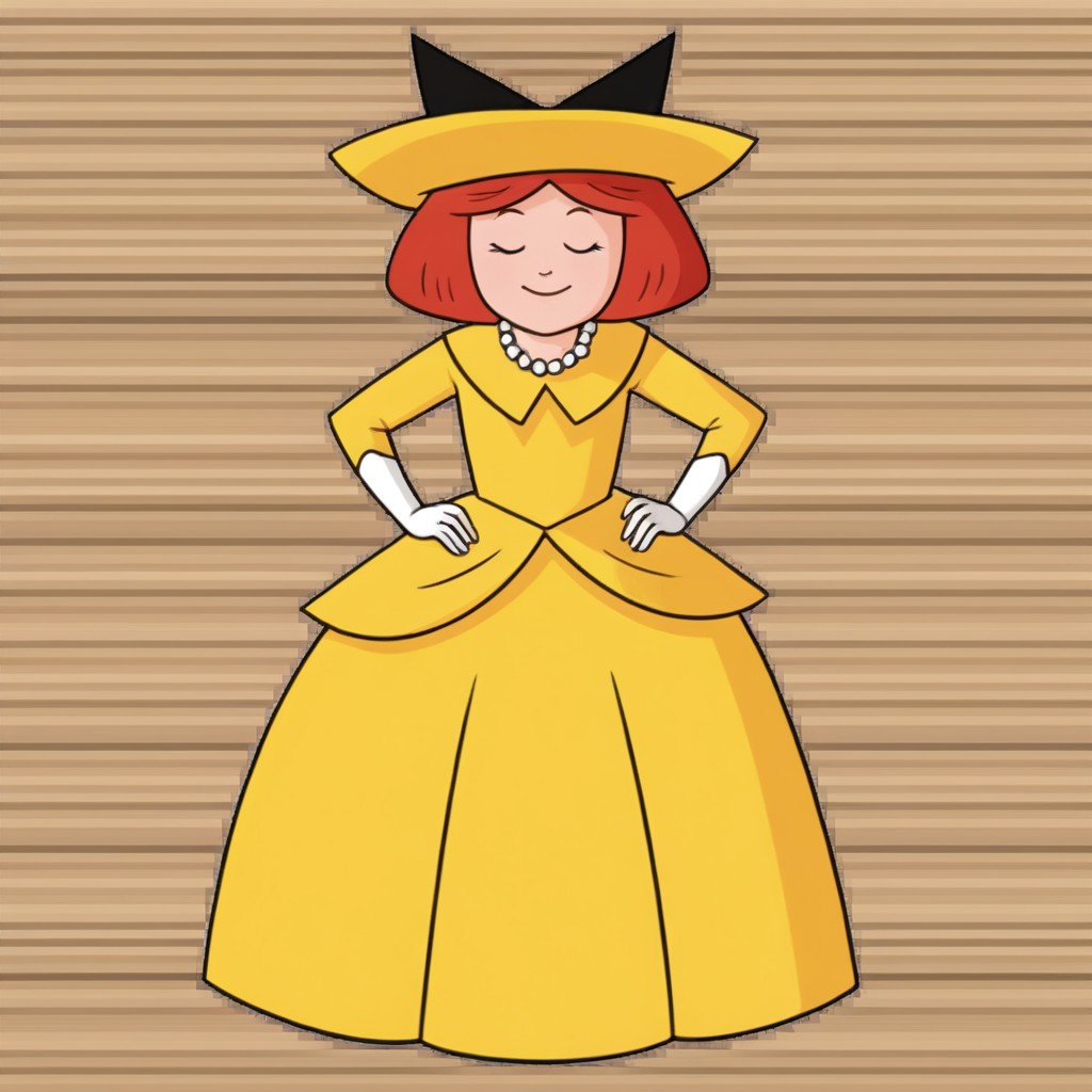 1girl, solo, Madeline, yellow hat with a black hair bow, white gloves, red hair, smile, full body, princess make up, Very long large floor length wide straight yellow tulle long sleeved ball gown hoop skirt, ball gown hoop skirt, yellow princess dress, hoopdress, white pearl necklace, long elbow length princess gloves, my big princess gypsy wedding dress, ballgown, a girl in a dress posing like a princess for a picture, looking at viewer, pretty eyes, she is posing, hands on hips, closed mouth, closed eyes,
