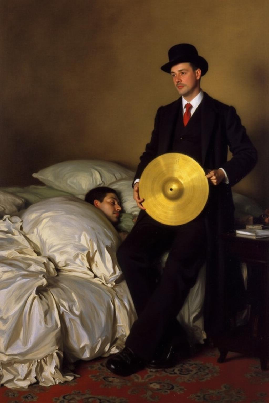 johnss1 painting. 
The scene depicts a whimsical, surreal bedroom setting. On the left is a man sleeping on a large bed. On the right is The man, wearing a black suit with a white shirt, red tie, and a bowler hat, is sitting on a small table. He holds a pair of large, yellow cymbals, one in each hand.
 <lora:johnss2_cap_d6a3:1.0><lora:829175683390589159:0>