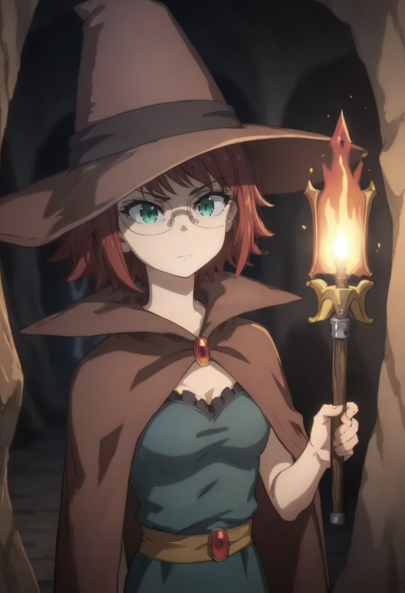 <lora:Female_Wizard_Goblin_Slayer:1> , score_9,score_8_up,score_7_up,
 witch hat,  short hair, bangs, wizard , green eyes, glasses,  witch hat, 
holding a torch, in a cave, amazed, 
cowboy shot,