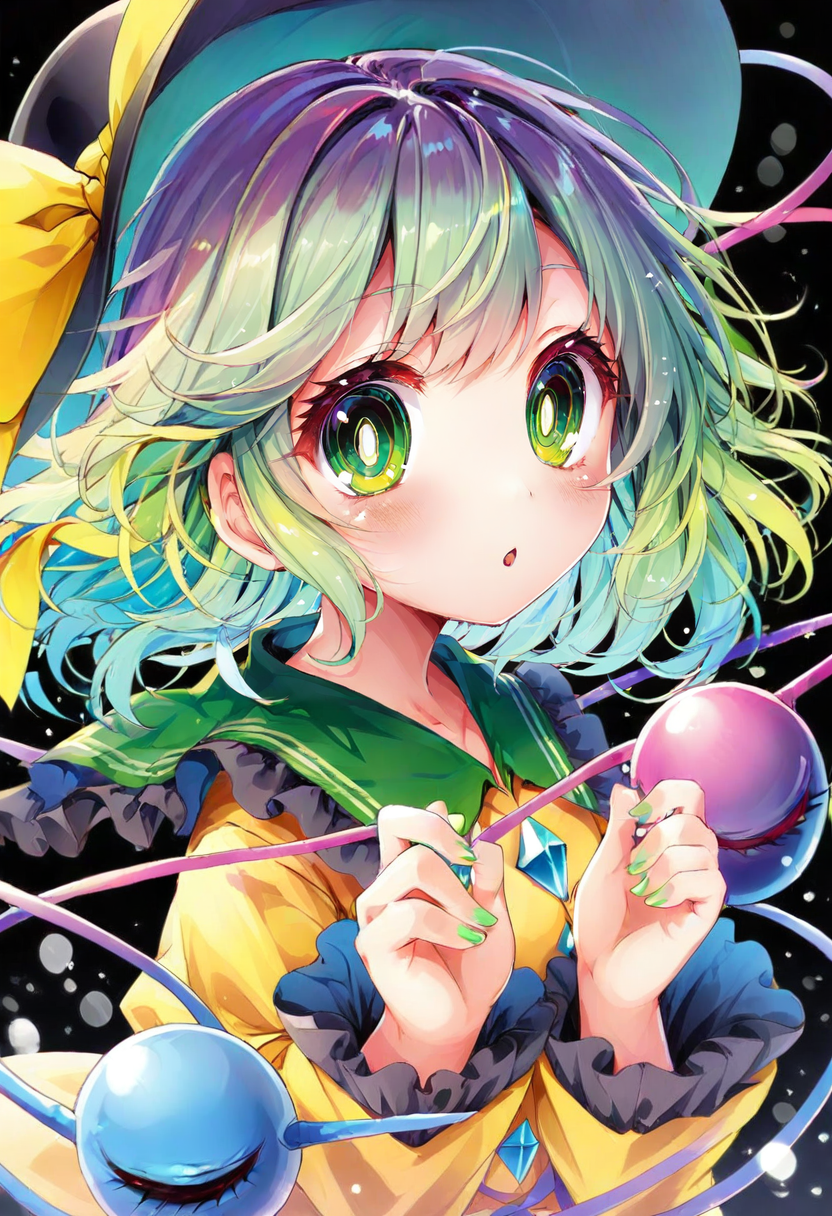 1girl, komeiji koishi, touhou, air bubble, black hat, blouse, blurry, bow, bright pupils, bubble, collared shirt, depth of field, eyelashes, floating hair, frilled shirt collar, frills, from side, green eyes, green hair, hat, hat bow, looking at viewer, shirt, short hair, solo, tareme, underwater, unworn headwear, upper body, wide-eyed, yellow bow, yellow shirt, backlighting, frilled sleeves, blush, parted lips, bokeh, heart of string, black background, hands up, wavy hair, diamond \(shape\), third eye, light particles, white pupils, unworn hat, long sleeves, wide sleeves, :o, green nails, fingernails, simple background, heart <lora:kamiyaYuuXL_il_lokr_V5311P:0.95>