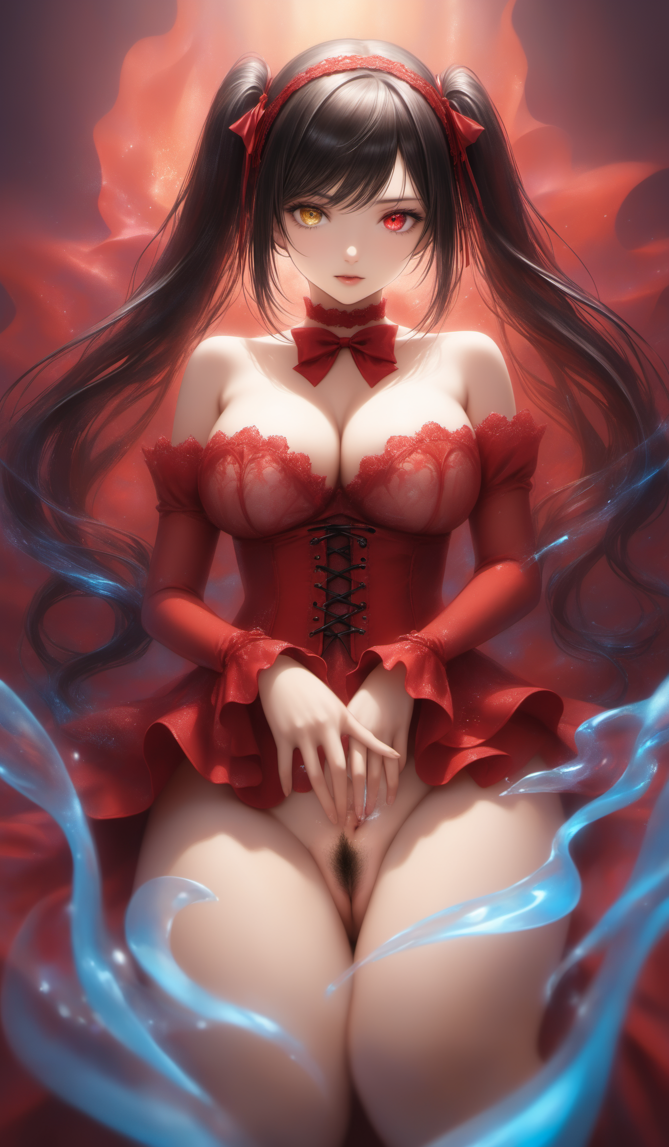 kurumi tokisaki astral dress, long hair, black hair, red eyes, twintails, yellow eyes, hairband, heterochromia, dress, red dress, bare shoulders, collarbone, choker, bowtie, red bowtie, detached sleeves, corset, frills,(masturbation, touching own pussy:1.4),(pubic_hair:1.4),
(Best quality,masterpiece,absurdres,ultra realistic:1.4),(Rococo:1.4),(close portrait:1.3),(((photo raw)), Soft Edge Lighting and global illumination volumetrics dtx and Tilt-Shift Blur and Double Exposure and Morphing/Transformations , ,),peerlessly , beautiful detailed eyes,(see-through_clothing),(Elegant),shine,glowing,sparkling,energy coalescing and vibrating,(dynamic angle,dynamic pose),full_body,sitting,nsfw, topless, nude,charming,alluring,seductive,enchanting,cleavage,exposed,(Dream_wave:1.22),
(Around floating colorful water:1.4)the most beautiful form of chaos,(rectangle:1.4),(colorful plum:1),
naked young woman (POV BLOWJOB:1.4)  in bedroom ,  (large breasts:1.3) ,