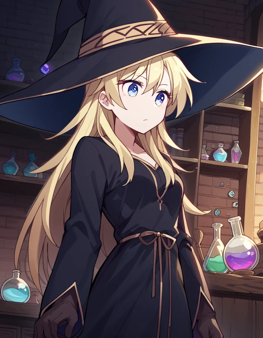 score_9, score_8_up, score_7_up, source_anime, <lora:kou-yagami-s2-ponyxl-lora-nochekaiser:1>, kou yagami, long hair, blue eyes, blonde hair, medium breasts,, <lora:wizard-ponyxl-lora-nochekaiser:1>, wizard, wizard hat, robe, dress, long sleeves, gloves,, indoors, bricks, potion, flask, vial,, cowboy shot,, , dutch angle, cowboy shot