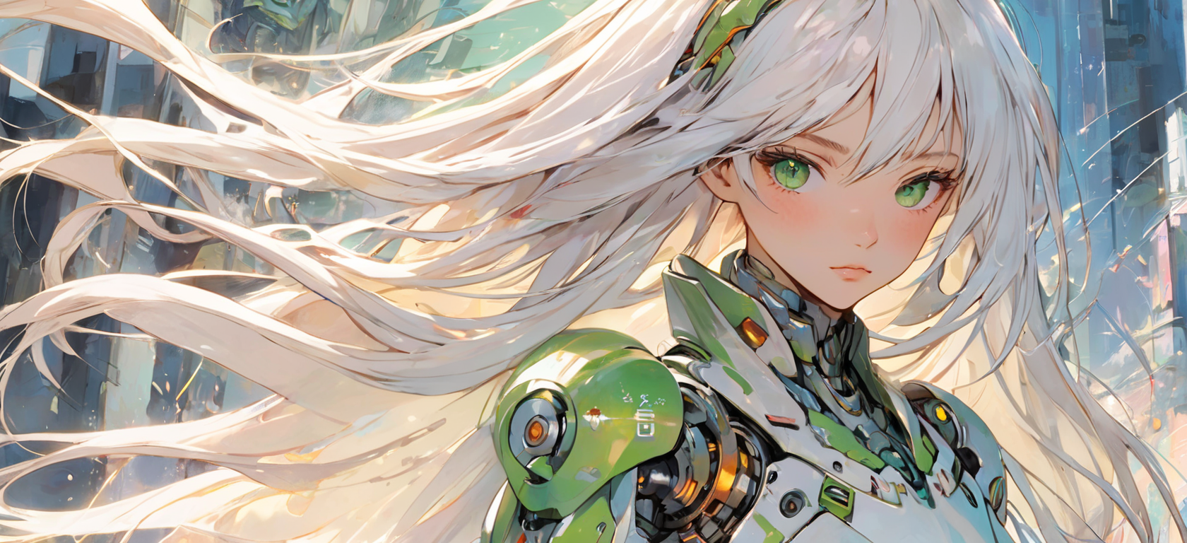 absurdres, highres, ultra detailed, (1girl:1.3), kawaii
BREAK,
watercolor washes, translucent layers, delicate blending, fluid textures, subtle hues, organic forms, poetic atmosphere, absurdres, highres, ultra detailed, (perfect anatomy:1.1), ethereal, delicate details, highres,
BREAK
(girl:1.3), solo, white long hair, green eyes, cyborg, white mecha body, (battle action, dynamic action:1.2),
BREAK
, brutalist art, raw concrete, geometric forms, architectural sculptures, bold textures, industrial aesthetic, unadorned surfaces