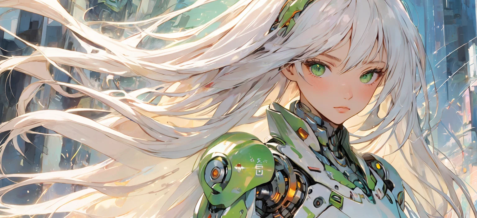 absurdres, highres, ultra detailed, (1girl:1.3), kawaii
BREAK,
watercolor washes, translucent layers, delicate blending, fluid textures, subtle hues, organic forms, poetic atmosphere, absurdres, highres, ultra detailed, (perfect anatomy:1.1), ethereal, delicate details, highres,
BREAK
(girl:1.3), solo, white long hair, green eyes, cyborg, white mecha body, (battle action, dynamic action:1.2),
BREAK
, brutalist art, raw concrete, geometric forms, architectural sculptures, bold textures, industrial aesthetic, unadorned surfaces