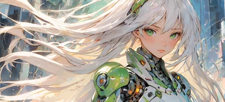 absurdres, highres, ultra detailed, (1girl:1.3), kawaii
BREAK,
watercolor washes, translucent layers, delicate blending, fluid textures, subtle hues, organic forms, poetic atmosphere, absurdres, highres, ultra detailed, (perfect anatomy:1.1), ethereal, delicate details, highres,
BREAK
(girl:1.3), solo, white long hair, green eyes, cyborg, white mecha body, (battle action, dynamic action:1.2),
BREAK
, brutalist art, raw concrete, geometric forms, architectural sculptures, bold textures, industrial aesthetic, unadorned surfaces