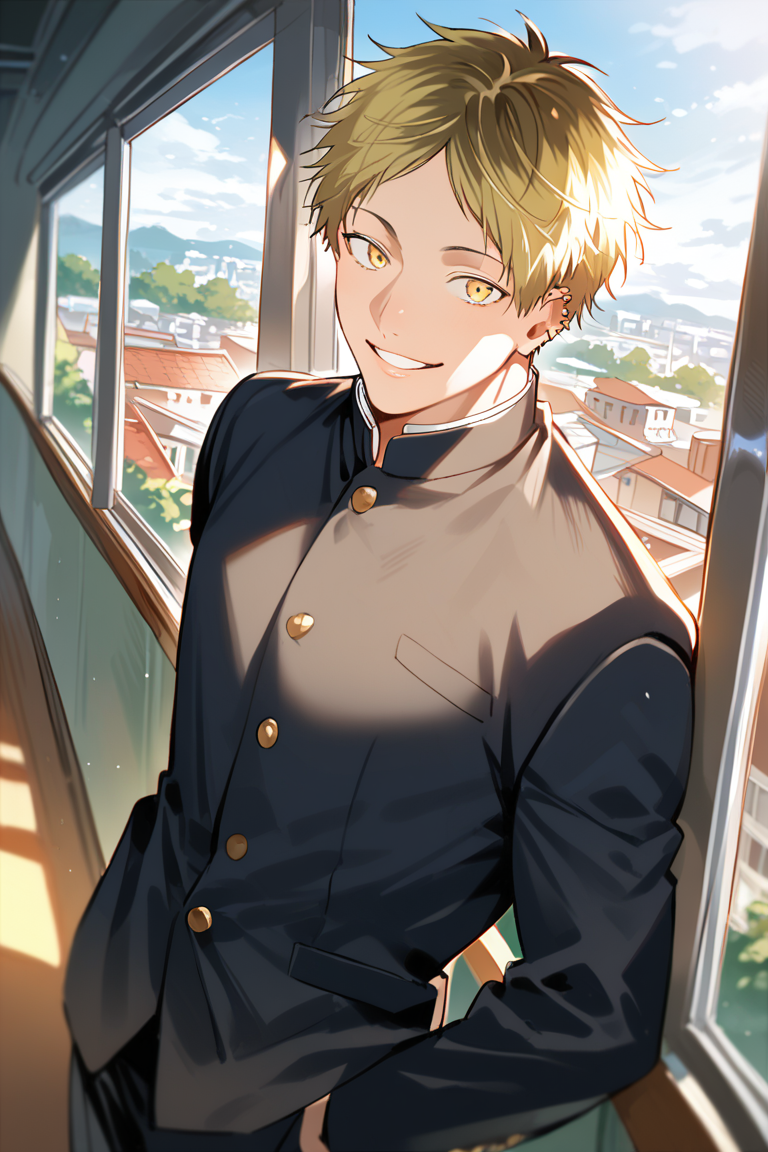 score_9, score_8_up, score_7_up, source_anime, rating_questionable, realistic shading, natural lighting, 2ndmale focus, looking at viewer, expressive cute face, hiiragigiven, brown-blonde_hiiragi_2ndmale hair, yellow eyes, grey_Hiiragi_ear piercing, 2ndboy, parted lips, smiling, shiny skin, standing, posing, school uniform, gakuran, long sleeves, cowboy shot, day indoors classroom, window, cityscape outdoors, scenery, foreshortening, dutch angle, dynamic angle, intricately detailed illustration, depth of field