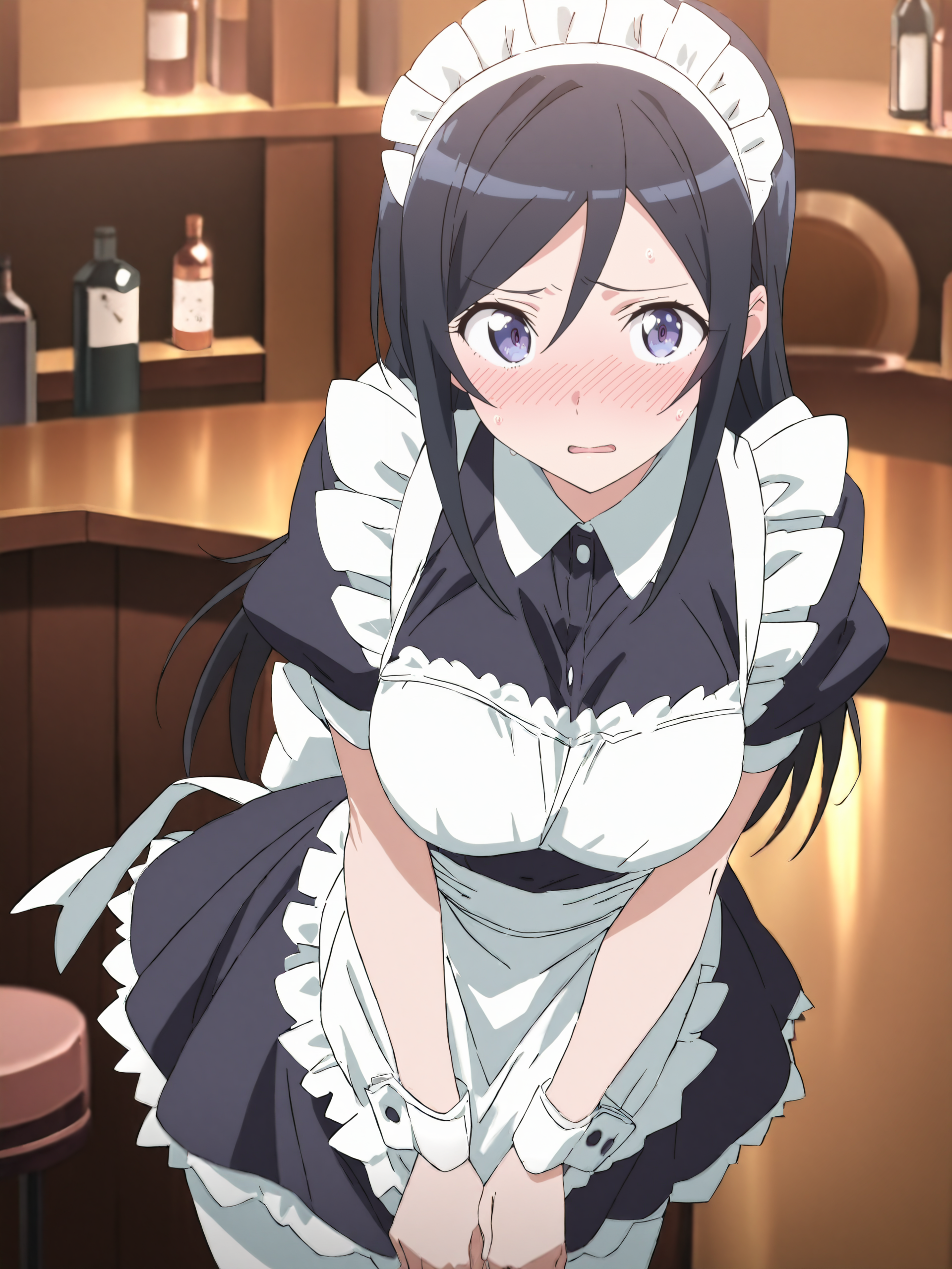 masterpiece, high score, great score, absurdres, anime screenshot, anime coloring,  <lora:Char-Aragaki_Ayase-V1-SDXL:1:hr=0.7>, 1girl, aragaki ayase, solo, maid, maid headdress, maid apron, embarrassed, white pantyhose, open mouth, blush, parted lips, looking at viewer, cowboy shot, bar \(place\), indoors, depth of field