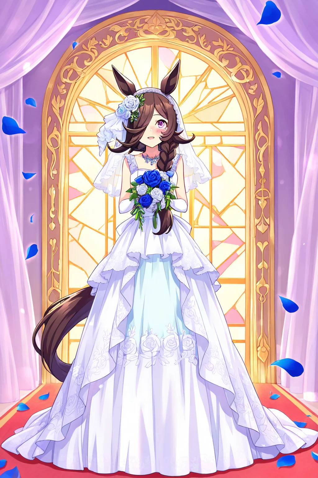 masterpiece,best quality,very aesthetic,absurdres,highres,newest,official art,official style,
1girl,solo,
rcs lfs, rice shower (longed-for scenery) (umamusume), rice shower (umamusume),
alternate costume, alternate hairstyle, animal ears, blue flower, blue rose,
blush, braid, braided ponytail, bridal veil, bride, brown hair, collarbone,
dress, flower, gloves, hair flower, hair ornament, hair over one eye, horse ears, horse girl, horse tail,
jewelry, long braid, long hair, low ponytail, necklace, official alternate costume, official alternate hairstyle,
petals, purple eyes, rose, sleeveless, sleeveless dress, tail, upper body, veil, violet eyes,
wedding, wedding dress, wedding ring, white dress, white flower, white gloves, white headwear,
standing,full body,
<lora:umamusume_rice_shower2_ill_v1.0:1>,