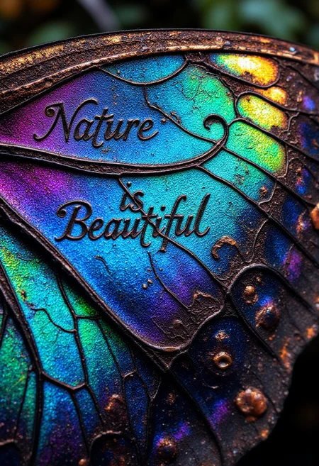 aidmatextimprover, Ultra close-up of a butterfly wing, showcasing its intricate scales and vibrant colors, iridescent blues, purples, and golds. The phrase "Nature is Beautiful" is elegantly integrated into the wing's pattern, appearing as if it is a natural part of the butterfly's design. Capture the texture of the scales in high detail, with soft lighting to enhance the colors. The background should be softly blurred to emphasize the wing's beauty and the text.
aidmaMJ6.1