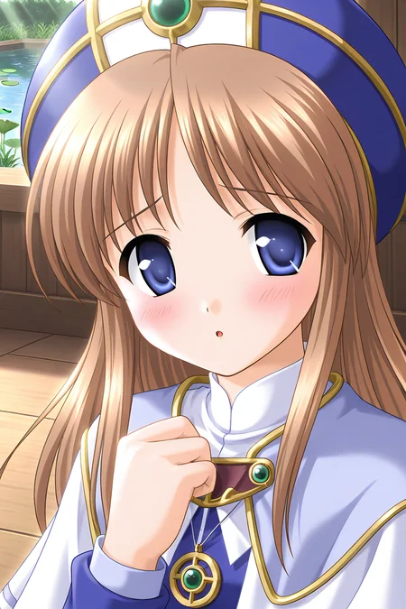 masterpiece, best quality, absurdres, official art, official style, rating general BREAK <lora:sylphycloud_IL_v1-1:0.7>, sylphy cloud, 1girl, solo, blue eyes, brown hair, long hair, bangs, flat chest, priest, hat, blue headwear, gem, brooch, turtleneck, pendant, layered capelet, light purple capelet, white capelet, robe, blue dress, long sleeves, upper body, close-up, indoors, cross, sunlight, lily pad, portrait, scenery,
blush, :o, front view, looking at viewer, open mouth, parted lips, shy
