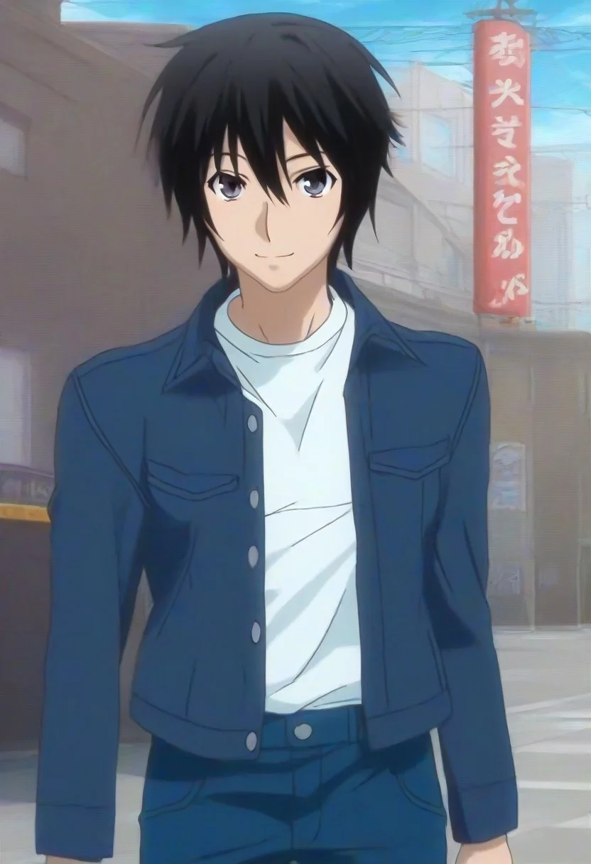 ((masterpiece)), ((best quality)), ((ultra-detailed)), ((absurdres)), score_9_up, score_8_up, score_7_up,
HD, top quality, best quality, amazing quality, High-quality illustrations, anime screencap, source_anime, best aesthetic, perfect proportions, perfect eyes, 1boy, 1male, solo boy, solo male, male focus, solo male focus, Anime, boy, male anime character, anime boy, handsome, cute, charming, sexy, good-looking, Minato Sahashi, black hair, gray eyes, ((blue denim jacket, open jacket)), ((blue jeans)), ((lean body)), ((tall body, tall height)), ((Tokyo Japan city, street, buildings)), ((happy, smiling, closed mouth)), ((front view, front shot, facing front, view from the front)), ((cowboy shot, head to hips shot)), easynegative, updn, Expressiveh, masterpiece, best quality, very aesthetic, absurdres