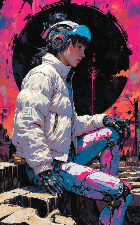 Off-center composition, split lighting with intense shadow division, Johanna de Armas as a young woman wearing an neon genesis evangelion style plugsuit, advanced futuristic exoskeleton, futuristic baroque and rococo cyberpunk, white puffer jacket, opulent gothic cyber church, neon lights, grunge style automotive advertisement style abstract art by Russ Mills, landscape art by Bruce Pennington, , science fiction, surreal, detailed, imaginative, Mixed media, collage, expressive portraits . sleek, dynamic, professional, commercial, vehicle-focused, high-resolution, highly detailed . textured, distressed, vintage, edgy, punk rock vibe, dirty, noisy