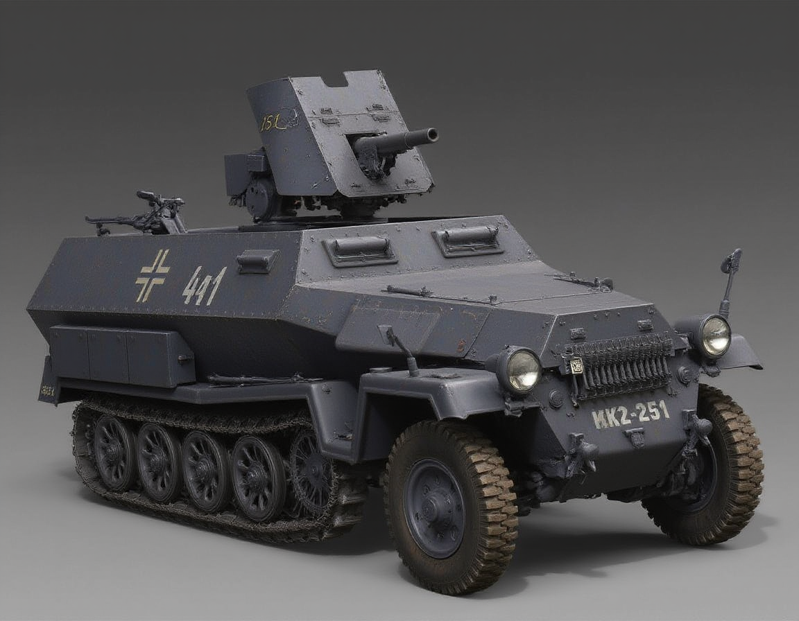 ,  <lora:sd-kfz-251-10:1>sd-kfz-251-10:ã
A German WWII combat vehicle equipped with a 37mm anti-tank gun on an open-top half-track.Three-quarter view.German identification mark of a cross.no humans.headlights.
