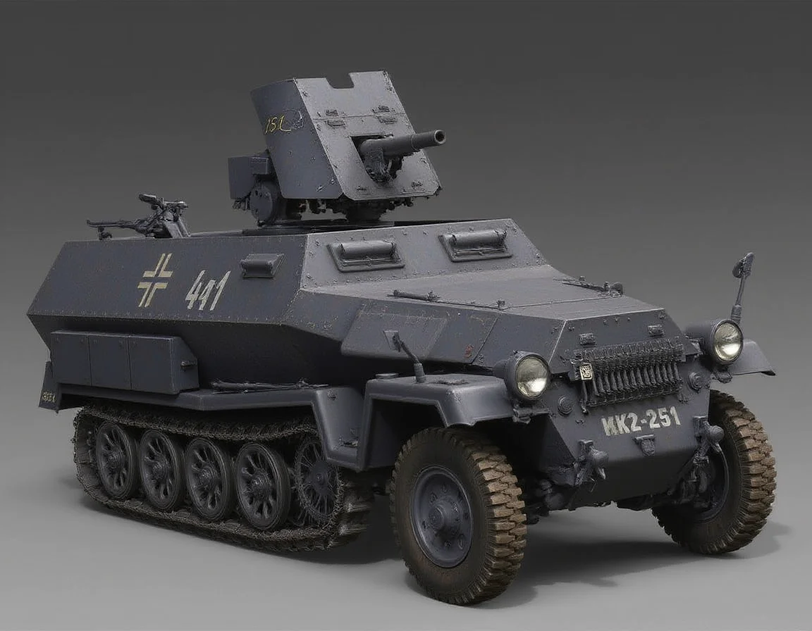 ,  <lora:sd-kfz-251-10:1>sd-kfz-251-10:ã
A German WWII combat vehicle equipped with a 37mm anti-tank gun on an open-top half-track.Three-quarter view.German identification mark of a cross.no humans.headlights.