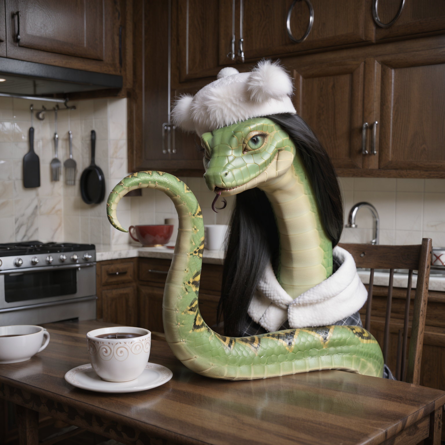 score_8_up, score_7_up, score_6_up, score_5_up, rating_safe, <lora:feral_snakes_v1:1>, (a happy female feral snake with clothes and long black hair having a mug of hot chocolate in a kitchen), feral, snake, clothed feral, scalie, reptile, scalie, python, ball python, (detailed background), kitchen, modern kitchen, (happy, happy expression), expressive, female, solo, hi res, highly detailed, 8k, detailed scales, (detailed eyes, green eyes), detailed, scales, <lora:add-detail-xl:1>, black hair, long hair, hair, light brown scales, dark green scales, photorealism, photorealistic, chair, table, armless, legless, mug, hot chocolate, winter, furniture, clothes, <lora:zy_Realism_Enhancer_v1:0.3>, <lora:RetouchPhoto_PonyV6_v3.1:0.5>, interior lighting, accessories, furgonomics, jewelry, headwear, topwear, hat, eyelashes, chair, on chair