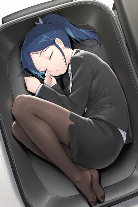 masterpiece, best quality, amazing quality,
<lora:Personality_IL:1> personality, 1girl, pantyhose, solo, sleeping, blue hair, closed eyes, skirt, formal, fetal position, lying, suit, jacket, office lady, on side, pencil skirt, no shoes, ponytail