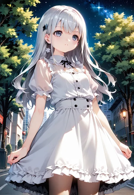 score_9, score_8_up, score_7_up, source_anime, solo, 1girl, MdoHP, The background is a city, perfect white-haired girl, dress, white-haired, white-haired god, cute anime waifu in beautiful clothes, gray-haired, best anime 4k konachan wallpaper, little curve, guvez on Pixiv ArtStation, white-haired girl, nightcore, standing on a tree, looking up at the stars, face super detailed