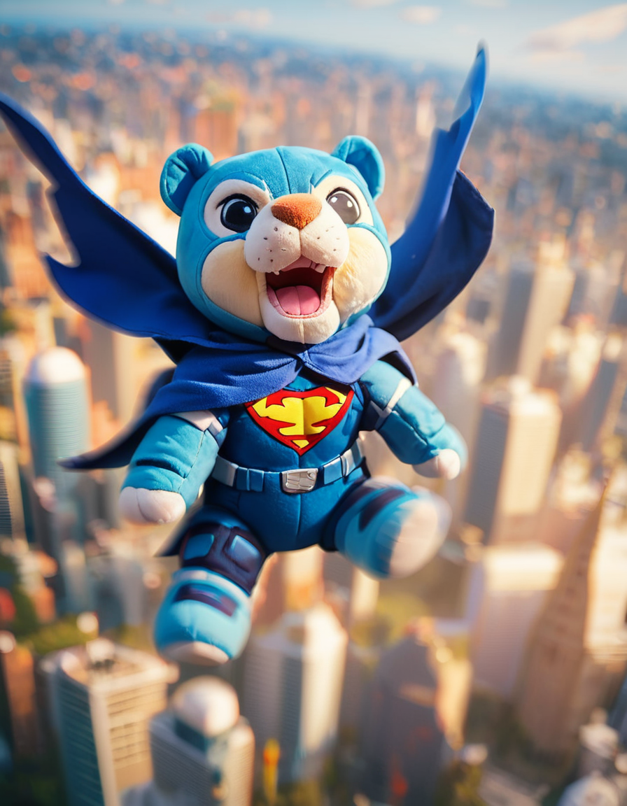 score_9, score_8_up, score_7_up,
rating_safe,
feral,mammal,a fat bear, cape, superhero, ((flying)), above skyscrapers, wind, dynamic, motion blur, city background, 
dynamic pose,dramatic view, pov,
<lora:woafu_plushify_pony:0.5> plushify, character stuffed toy, chibi,
