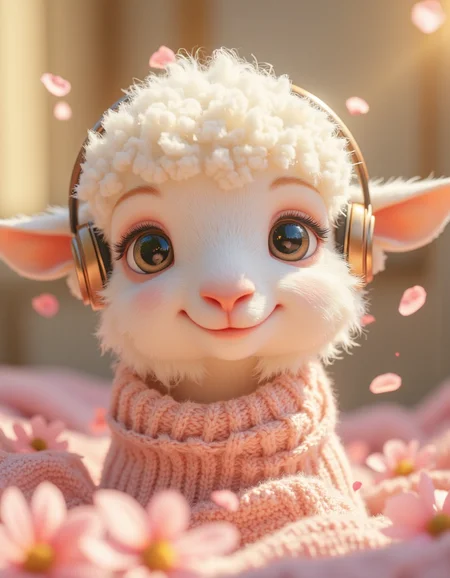 a cute and sweet pixar style white fairy baby sheep, sweet smile, small Peach blossoms around, wearing a big headphone, smile, enjoying music, In the background is the bright bedroom, clean sunshine, enchanting, hairy, shiny mane, petals, fairy tales, wearing a pink sweater, incredibly high detail, Pixar-style, bright colors, natural light, aidmaMJ6.1, HKMagic, <lora:aidmaMJ6.1v0.4:0.6>, <lora:FantasyWizardWitchesFluxV2-000001:0.8>