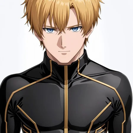 ASCIImasterpiece, best quality, solo, medium shot, riddhe_marcenas, 1man, (black gold bspilotsuit: 1.3), (slim lean body), fair skin tone, detailed symmetric reflective blue eyes, detailed anime sculpted torso, in front of a (plain white background: 1.2), 4k, 8k, intricate detail, Painstaking Attention To Details, soft lighting,