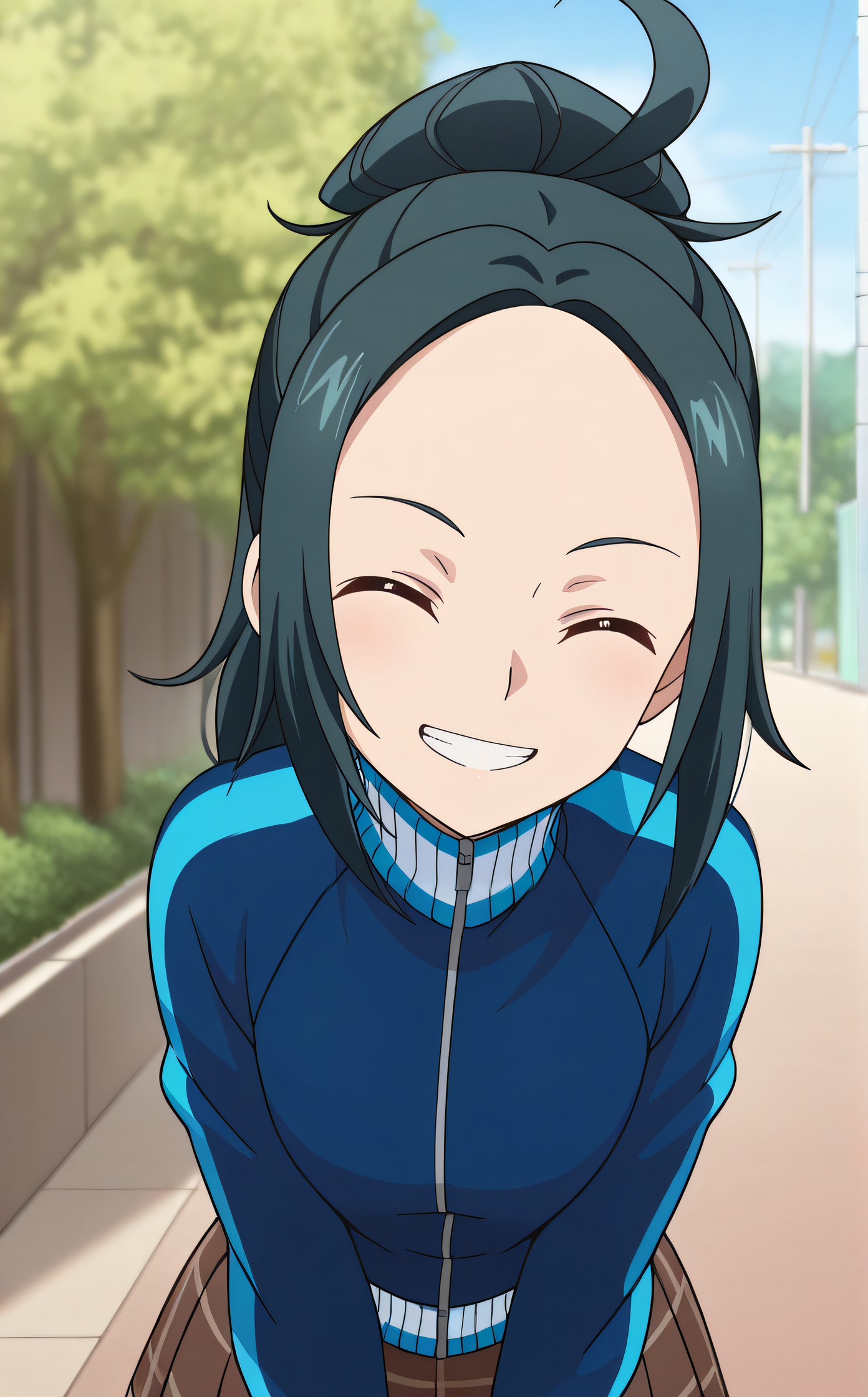 masterpiece, best quality, highres, newest, 1girl, solo, official style, anime screncap, <lora:Mizusawa_Aoi:1>, mizusawa, blue hair, blue jacket, brown plaid skirt, thighs, looking at viewer, smile, outdoor, upper body, closed eyes, grin, teeth