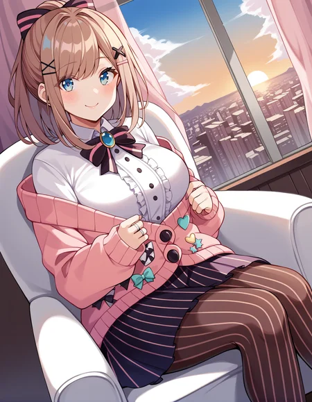 score_9, score_8_up, score_7_up, source_anime, rating_safe, BREAK <lora:luluXL_LoRA-C3Lier_AdamW_Dim16_Alpha16_UN-3e-4_TE-1.5e-4_10batch_ponyDiffusionV6XL_v6StartWithThisOne:1>, suzuhara lulu, 1girl, virtual youtuber, brown hair, medium hair, blue eyes, large breasts, ponytail, hair bow, striped bow, pink bow, x hair ornament, white shirt, striped bowtie, black bowtie, jewelry, center frills, pink cardigan, multicolored bow, long sleeves, black bow, blue nails, ring, layered skirt, pink stripes, pink skirt, vertical-striped skirt, vertical-striped pantyhose, dutch angle, light smile, blush, closed mouth, sleeves past wrists, looking at viewer, sitting, chair, library, book, bookshelf, window, curtains, gradient sky, sunset, cloud, cityscape