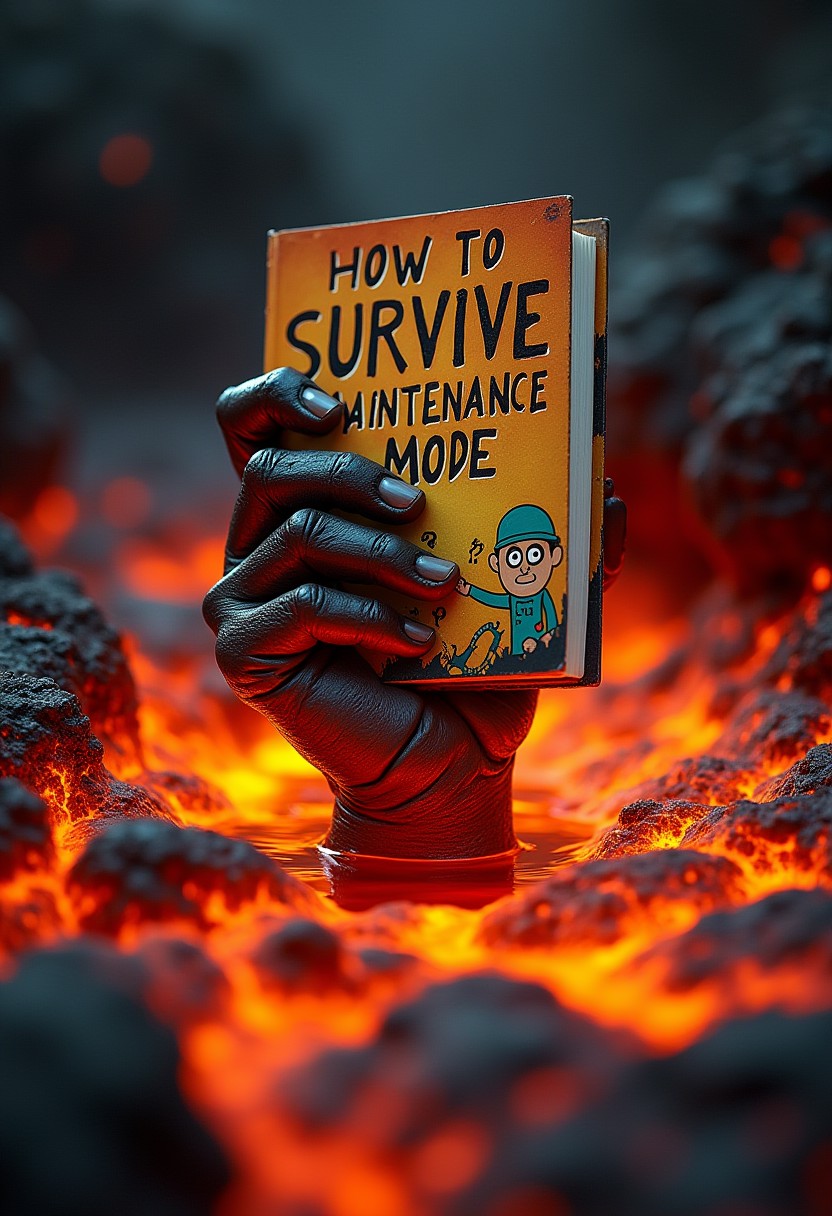 A striking image capturing the surreal and darkly humorous scene of a hand emerging from a pool of molten lava, gripping a book titled "How to Survive Maintenance Mode." The hand, with its skin appearing singed and covered in cracks, is desperately outstretched, with the lava bubbling and churning around it. The book, surprisingly intact despite the fiery surroundings, has a bright, bold title that contrasts with the intense orange and red hues of the lava. The cover of the book might feature cartoonish illustrations or a playful design, adding an ironic twist to the otherwise dire situation. The lighting in the scene highlights the intense heat radiating from the lava, with the glowing, molten surface reflecting off the book's cover and the hand, creating a vivid and almost surreal atmosphere.