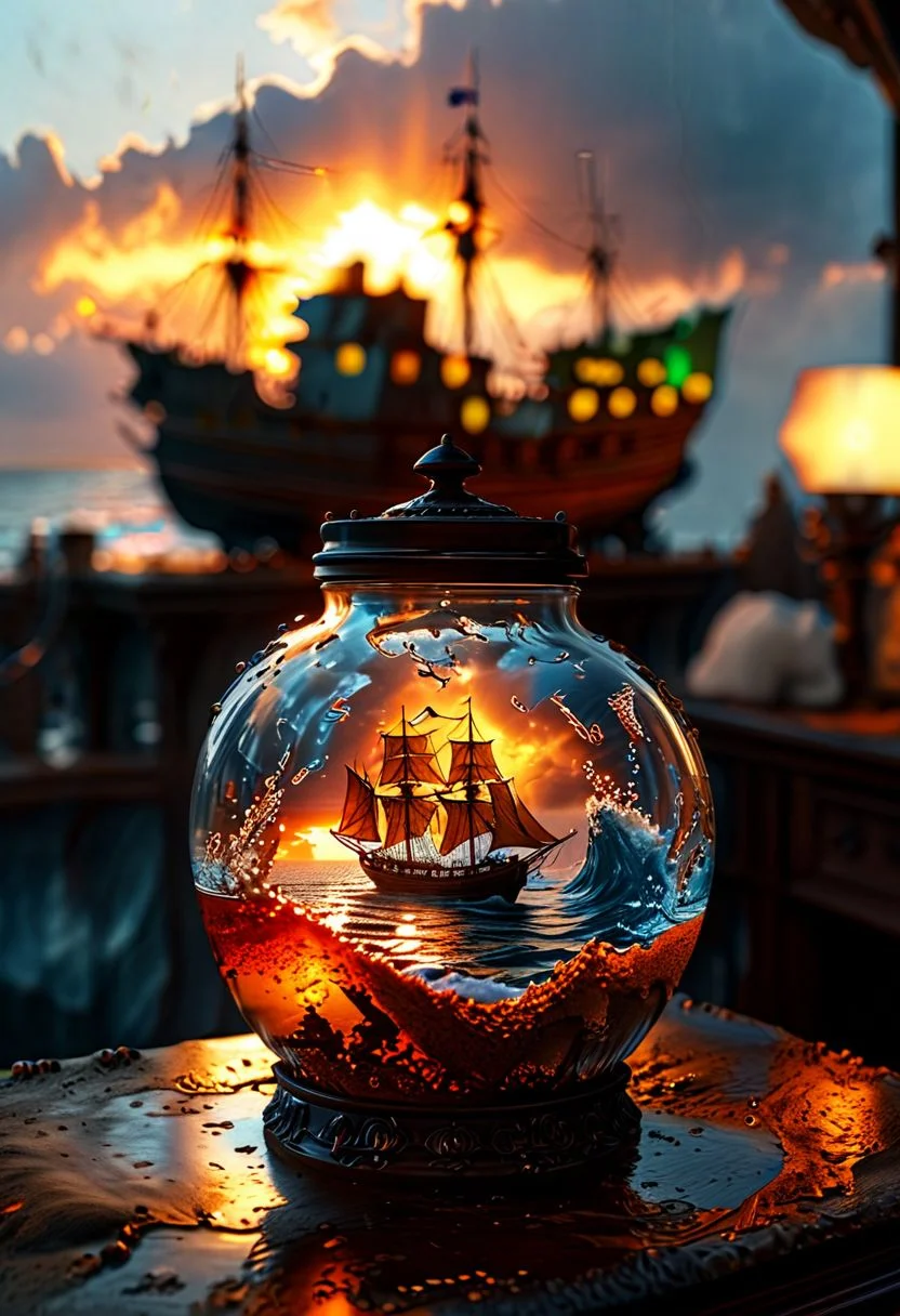 Ship in a bottle, heavy seas, sunset, storm,
On table, detailed Victorian sitting room, 
(((masterpiece, extremely detailed, focused flash photo, amazing quality, best quality, hyper detailed, ultra detailed, HDR, UHD, perfect anatomy, dof, hyper-realism, majestic, awesome, inspiring, ray light, RAW photo, extremely details, stunning, high quality, photorealistic, beautiful, dramatic lighting, detailed atmosphere, intricate details, volumetric lighting, high resolution, 8k, best quality, hyper detailed, ultra detailed, ultra high definition, super sharp focus, great detail of textures)))