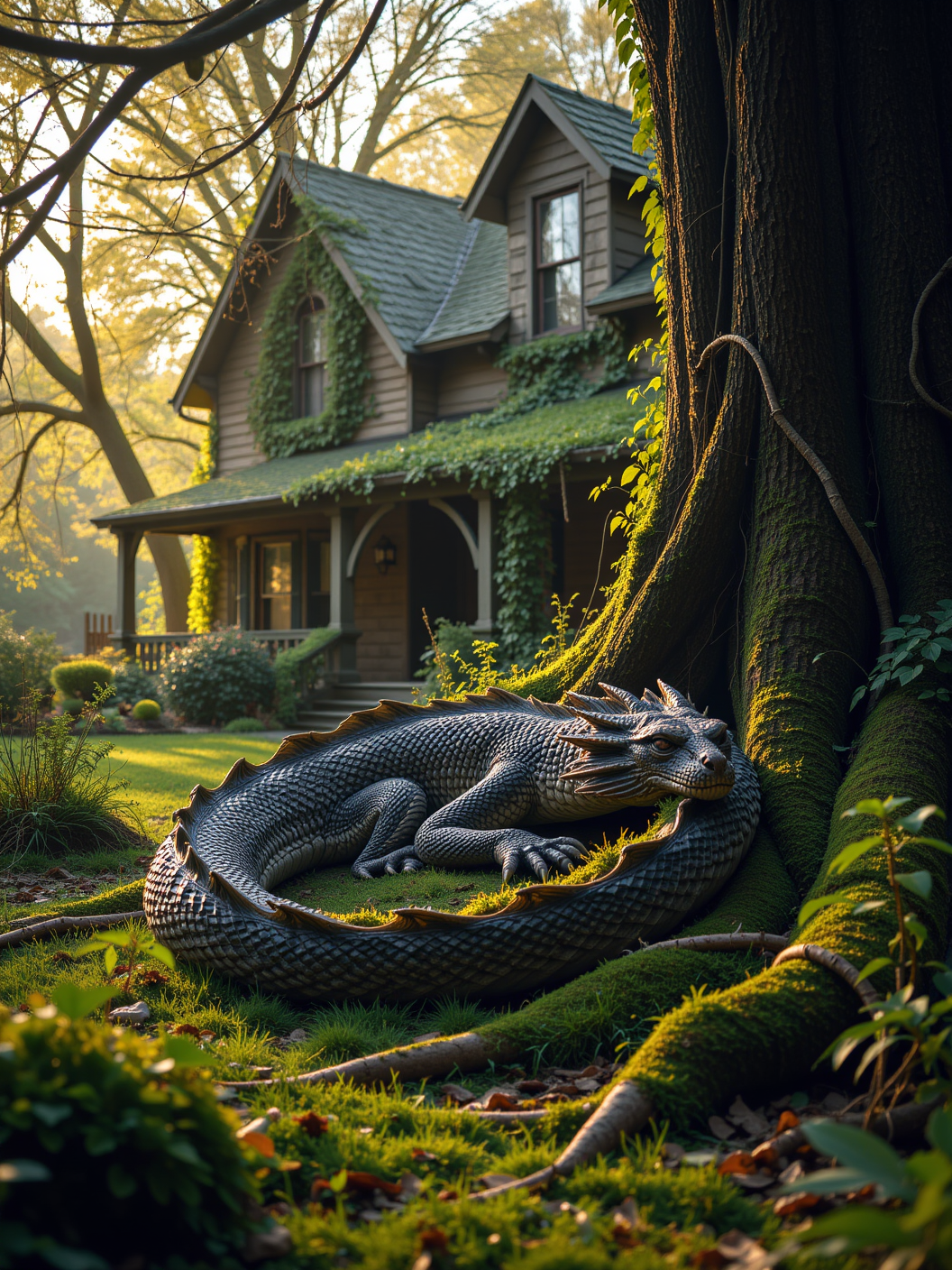Ancient serpent dragon sleeping in a mystical front yard, moss-covered scales blending with the overgrown grass and roots, body wrapped around a massive tree. The house in the background looks untouched by time, vines creeping up its walls, golden light filtering through the trees. The dragon, ancient and powerful, breathes softly, creating a timeless, enchanted atmosphere.
