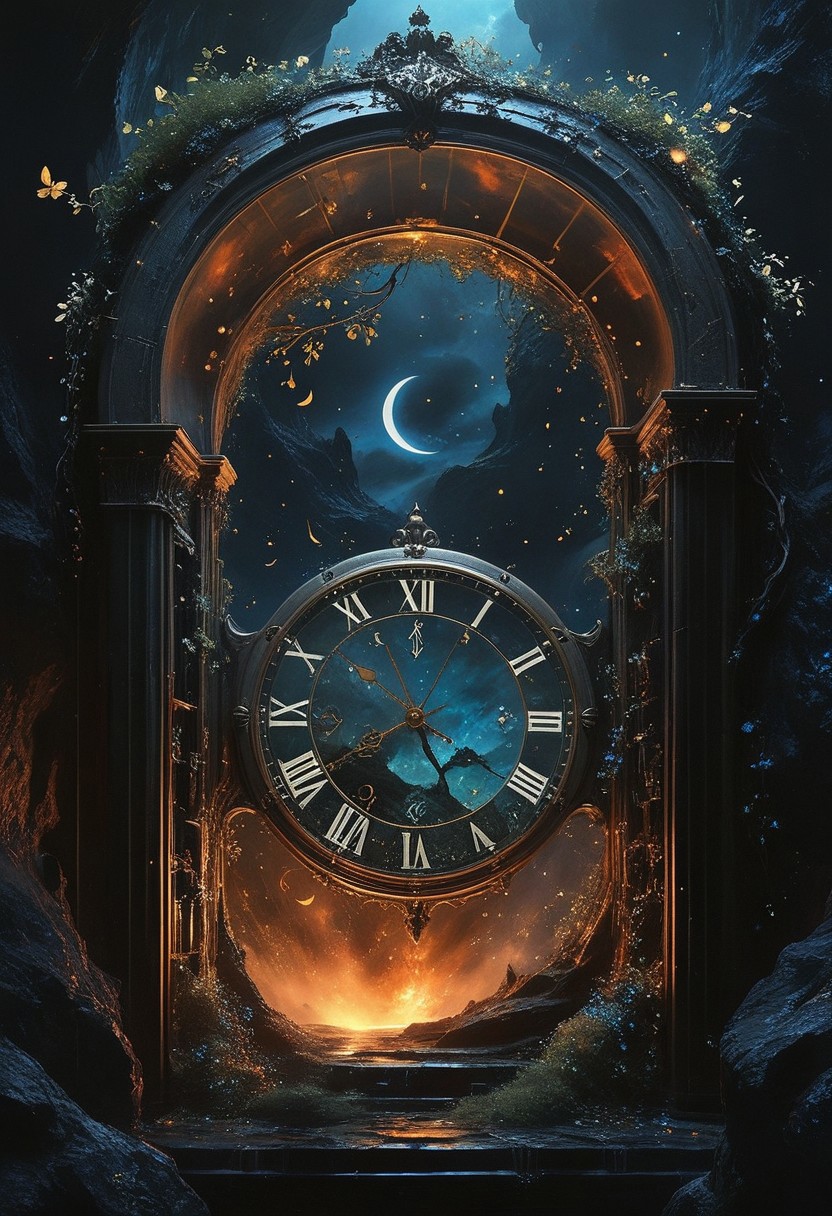 top- down, fantastical and surreal scene, closeup inside of an enormous ancient pocket_clock standing upright with its cover open revealing a magical portal, portal inside the clock, Through the portal is a breathtaking landscape unfolds, towering mountains, a cascading volcano, a steaming river winding through a burned forests, The edges of the pocket_clock are adorned with intricate glowing runes and vines, the clock resting on obsidian floor, mystical touch, illuminated by a crescent moon and twinkling stars, dreamlike and otherworldly atmosphere, sense of adventure and wonder, ((red-blue, artifact,
<lora:aidmaMTG-CardsXL-v0.1:1> ,mtg, mtg card)), view from above, 
(score_9, score_8_up:1.1), score_7_up, a fine color ink lineart sketch, (reflective volumetric), raytracing, absurdres, dark, low-key, 
BREAK
universe, (galaxy:0.5), (nebula:0.5), (stars:0.3)
